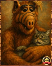 ALF Holding Cat - Tribute Art – 11x14 METAL SIGN – Hand-Signed by Artist
