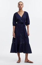 Madewell Size 4 Navy Tie-Waist Tiered Midi Dress in Windowpane, Long Shirt Dress