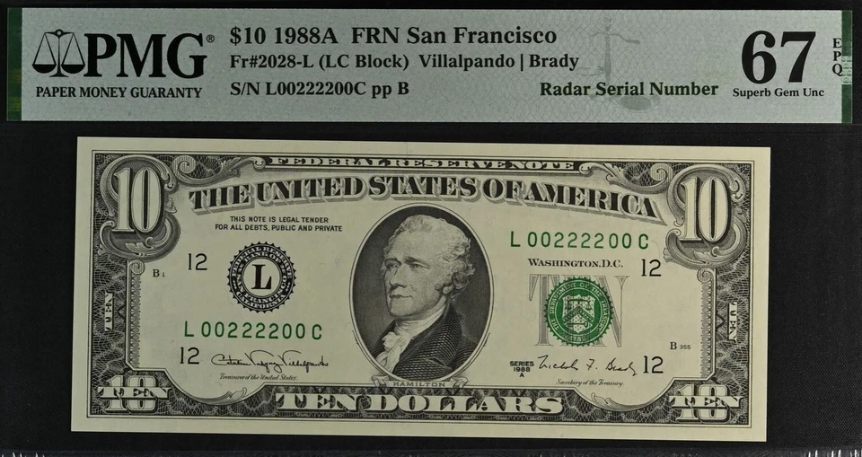 1988A $10 FRN PMG 67EPQ - Top Pop - Finest Radar-Rotator Serial Number 00222200 - Image 3 of 4