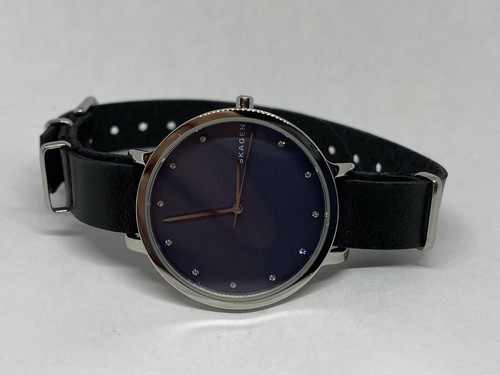 Skagen SKW2582 Women's Black Leather Analog Blue Dial Quartz Genuine Watch CM408 - Picture 6 of 11