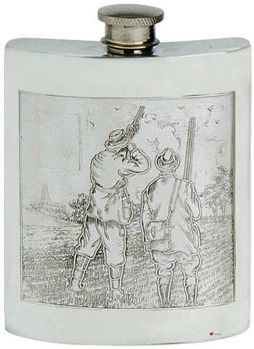 Pewter Hip Flask Hunting Game Picture Scene Kidney Engravable 6oz Screw Top - Picture 2 of 5