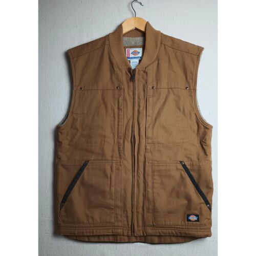Dickies Work Wear Vest Fleece Lined Canvas Utility Pockets Brown Size Medium