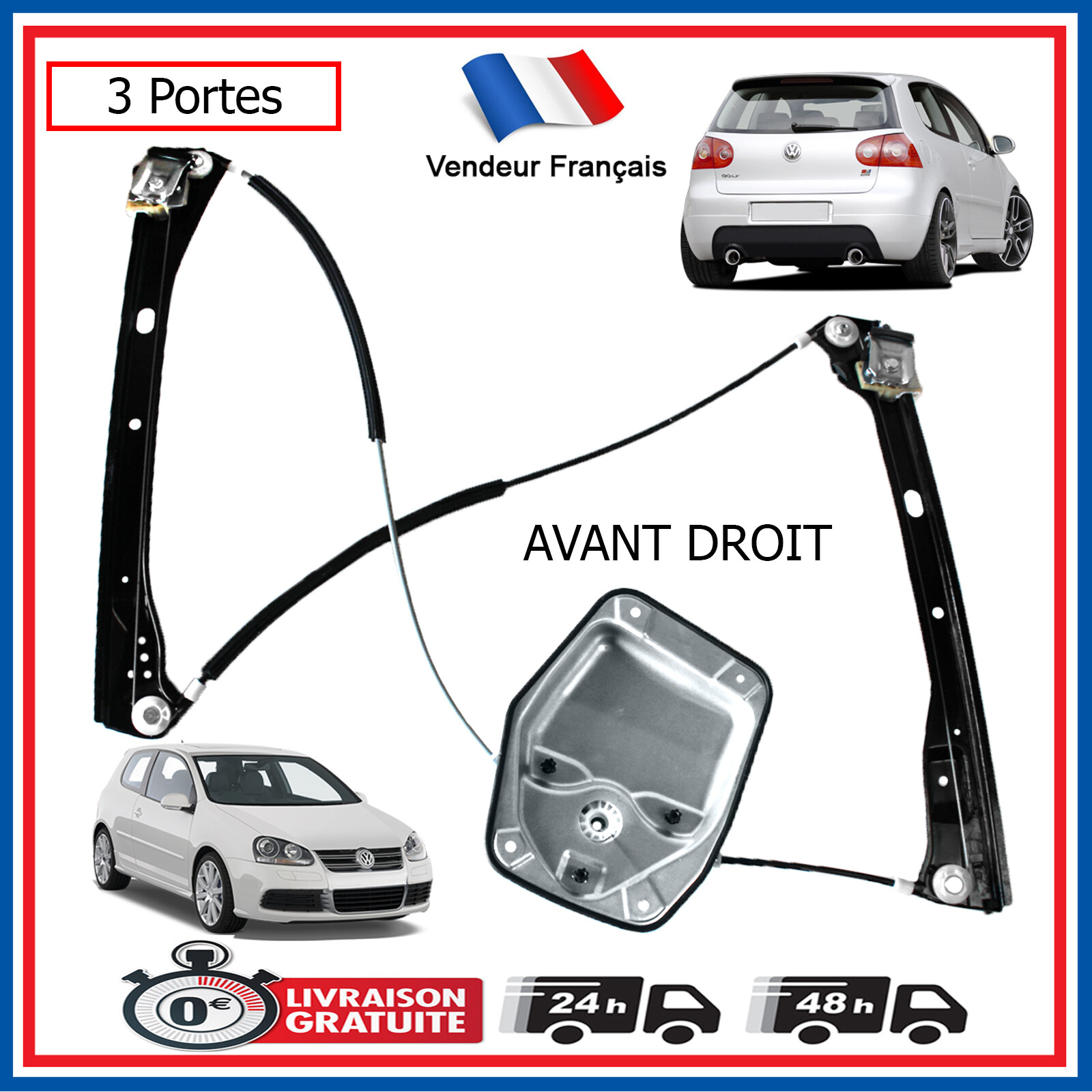 Mécanisme lève-vitre avant droit avec panneau pour Golf 5 3 portes lève vitre 1K3837462