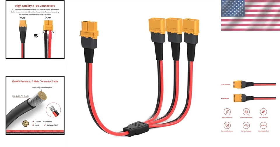 12AWG XT60 Splitter Cable 1FT - Connect 1 Female to 3 Male for Drones & RC Cars - Image 2 of 4