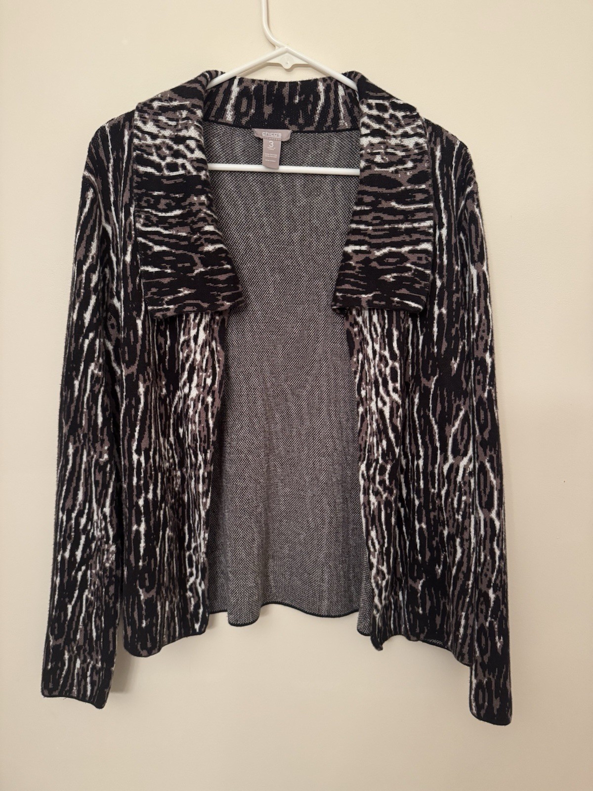 Chico's Open Cardigan Sweater Size 3 XL Animal Print Collar Knit Long Sleeve