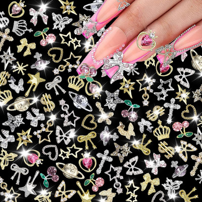 120 Pcs Silver Gold Nail Charms 3D Butterfly Cherry Star Bow Cross Planet Crown