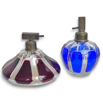 Antique Bohemian Moser Steiner & Vogel Art Glass Perfume Bottle Atomizer Set