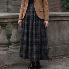 VTG Ralph Lauren Plaid Wool Blend Maxi Skirt Gray Black Size 6 Dark Academia USA