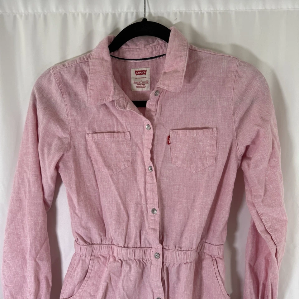 Vestido Levis Niñas Grande Rosa Abotonado Manga Larga Bolsillos 100% Algodón Foto 2 de 4
