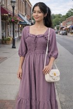 Women's Lavender Summer Dress Ruched Bodice Ruffle Skirt Feminine Cottagecore