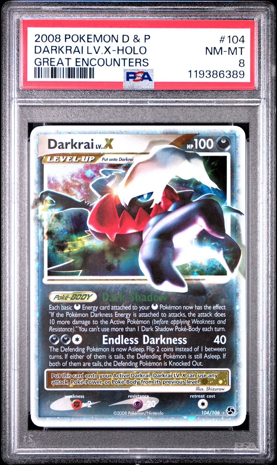 2008 POKEMON DIAMOND & PEARL GREAT ENCOUNTERS #104 DARKRAI LV.X-HOLO PSA 8