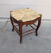 Vintage French Country Provincial Woven Rush Seat Cherry Queen Anne Stool