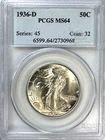 1936-D Walking Liberty Half Dollar, MS 64 PCGS, NR