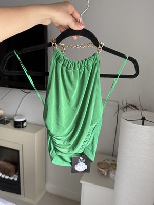 Luna Loves Green Crossed Halter Top With Golden Chain