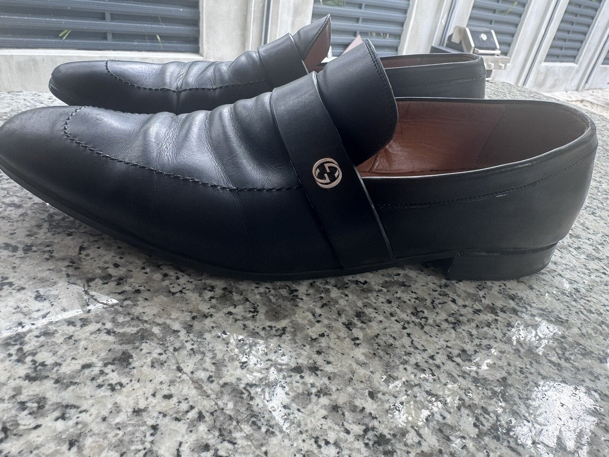 Gucci 256600 Mens 9.5 Interlocking G Logo Black Calf Rubber Sole