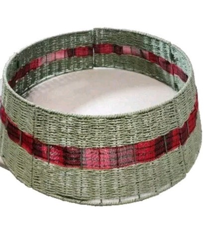 Christmas Tree Collar W/ Red Plaid Ribbon Farmhouse Style Seagrass Green Skirt