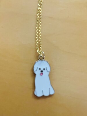 3D 2 x1/2 White Enamel Bichon Frise Poodle Dog Charm SS GP Necklace