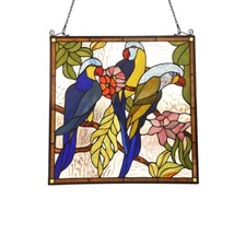 Stained Glass Window Panel Parrot Birds 24.8" Tall Handcrafted Art Glass