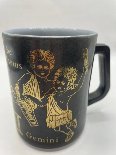 Vintage Federal Glass Zodiac Gemini Mug Black and Gold Over Milk Glass