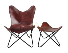 Handmade Leather Butterfly Chair with Stool Genuine Leather Folding Lounge chair