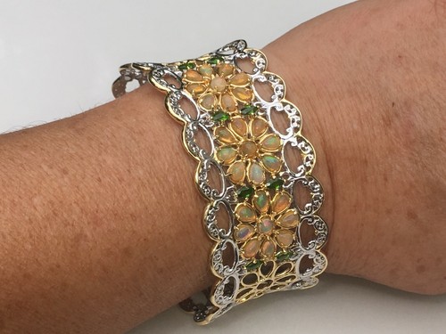 Gems en Vogue Ethiopian Opal & Chrome Diopside Three Flower Cuff Bracelet $700 - Picture 6 of 8