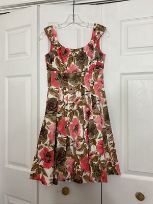 Maggy London Petites Size 4P Floral Fit Flare Dress Pink Brown Women’s 