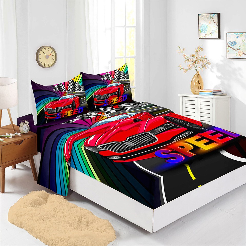 Racing Team Speed Cars Bed Decor Fitted Sheet Set Single/Double/Super ...