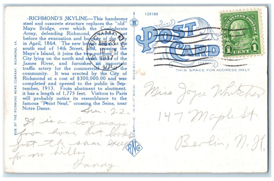 1937 Richmond's Skyline & Mayo Bridge Over James River Cars Richmond VA