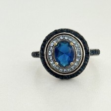 Ladies Dark Blue CZ Cubic Zirconia Crystal Halo Silver Tone Band Ring Size 8