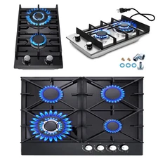 12/24 in Gas Cooktop Kitchen Dual Burners Countertop Built-in Gas Tempered Glass