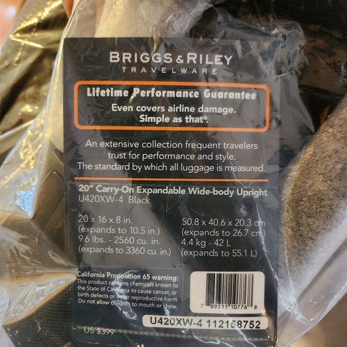 Briggs & Riley Baseline 20" Carry On Expandable Wide-body Suitcase U420XW-4 Blac - Picture 4 of 4