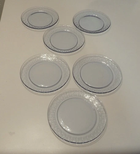 6 Vintage Depression Glass 8" Blue Plates w dots on rim