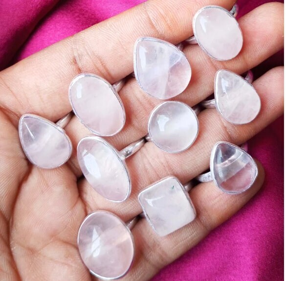 Lot Of Pretty Pink Rose Quartz & Mixed Gemstone Rings - 925 Sterling Silver Plated Boho Style