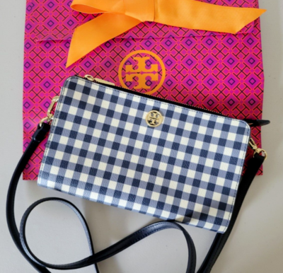 TORY BURCH | Robinson Navy White Gingham Crossbody Clutch  display picture 1