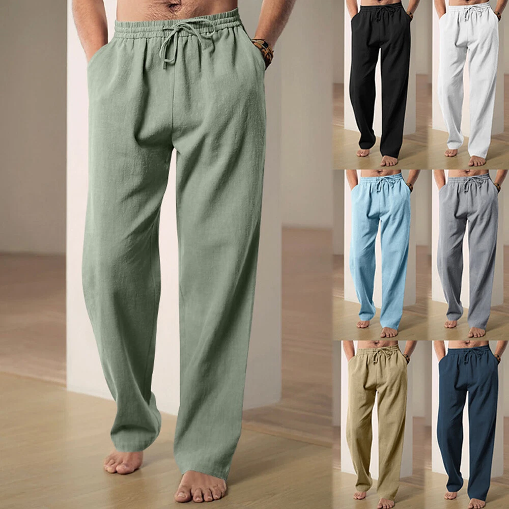 Mens Casual Sport Pant Cotton Linen Baggy Soft Trousers Elastic Loose Pants &