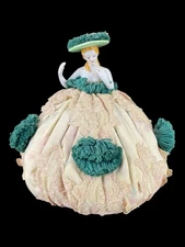 Antique Half Porcelain Doll Pin Cushion Elegant Woman Lace Puff Dress Hat 7.25"