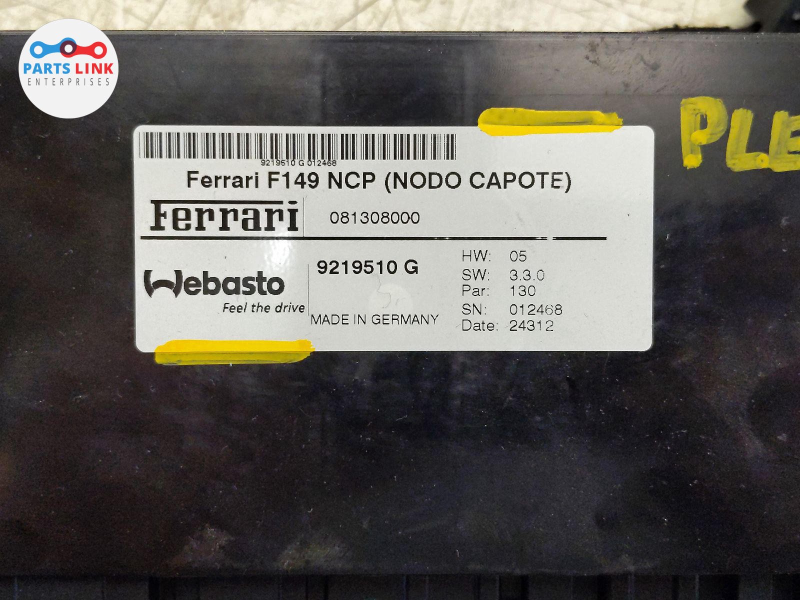 2008-14 FERRARI CALIFORNIA ROOF CONTROL MODULE HYDRAULIC STRUT HARNESS LOOM F149