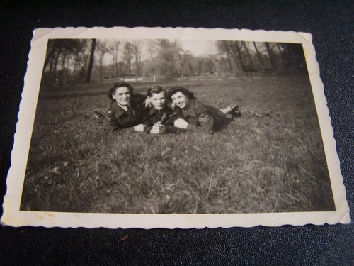 WW2 Military Man & Women Soldiers in Uniform Vintage Photo Laying in the Grass