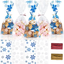 100 Pcs Christmas Treat Bags, Snowflake Christmas Clear Cellophane Candy Cookie