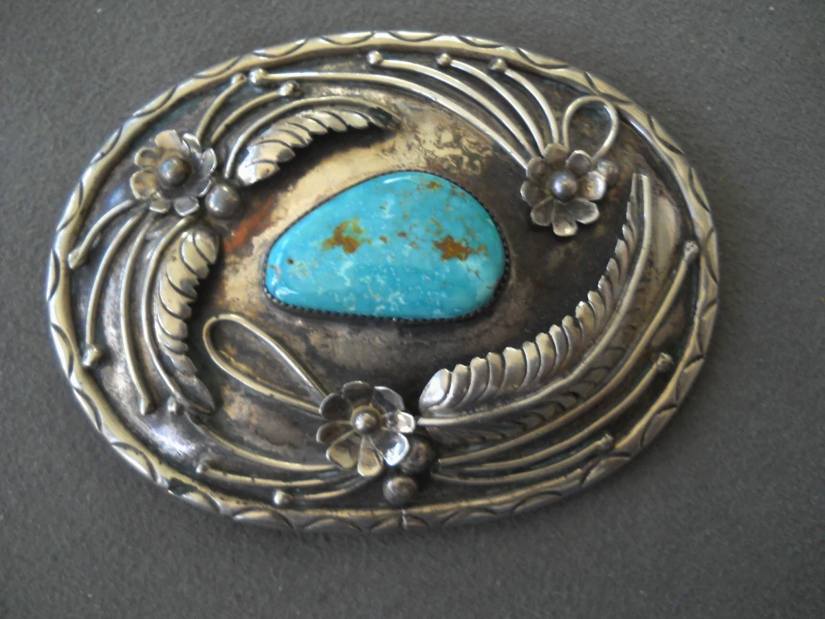 Vintage signed Native American Turquoise Silver-Tone Buckle Black Leather Belt Silver Turquoise Belt Buckle In Collectible Western  main image 2