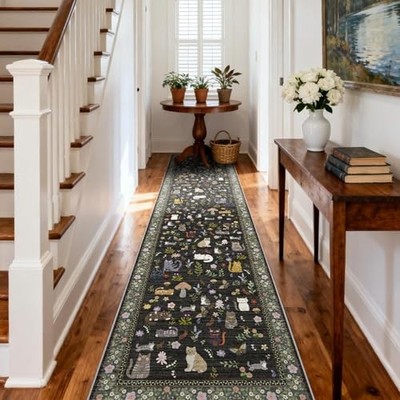 Washable Hallway Runner Rug: Non Slip Soft Long Low Pile Animal Cat 2x10 Black