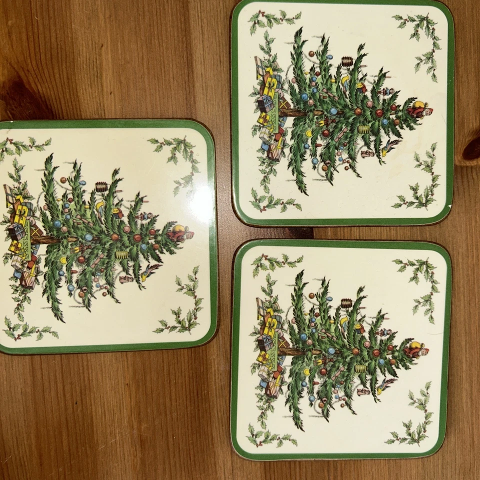 VTG Spode Christmas Tree Coasters Pimpernel Set of 3 Cork Backed 4X4 - Image 4 of 4