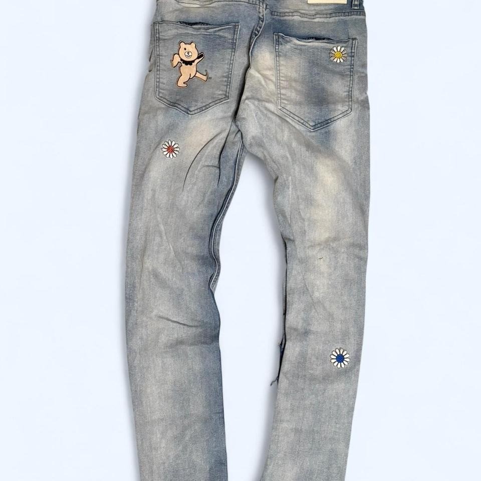 Kloud 9 Blue and cream denim jeans with a unique, bears and patchwork design image 2