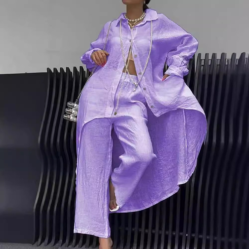 Women's White Linen Set - Shirt & Wide-Leg Pants - Two-Piece Casual Comfortable - Picture 6 of 8