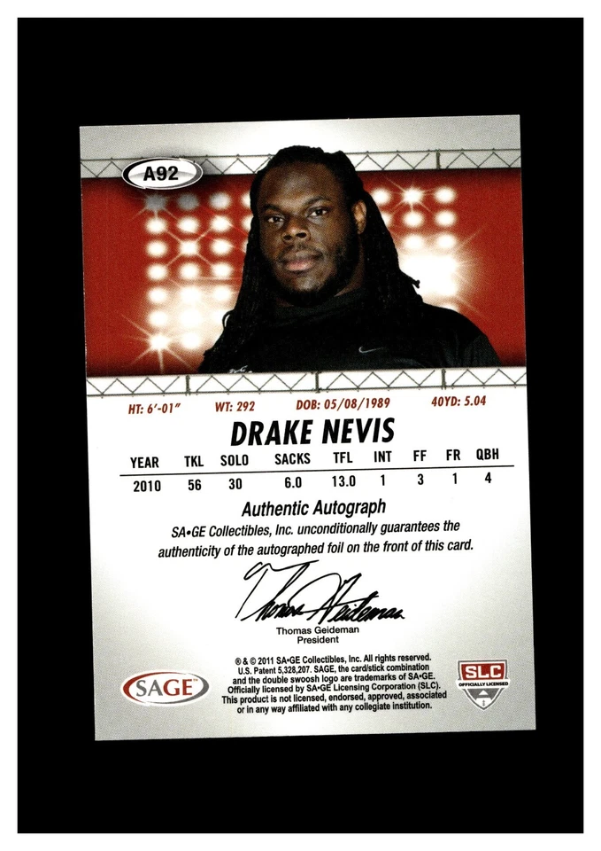 2011 SAGE HIT Autograph #A92 Drake Nevis RC LSU Tigers - Image 2 of 2