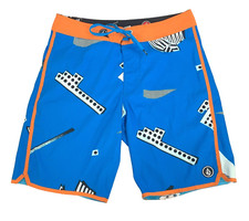 Volcom Board Shorts Blue Orange W32 L9.5in Cinch Fly V6S Sir Dots A lot Grid Dry