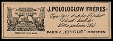 Alte Werbung Reklame 1898 J. Polologlow Fréres Fabrik Epirus Cigaretten Dresden