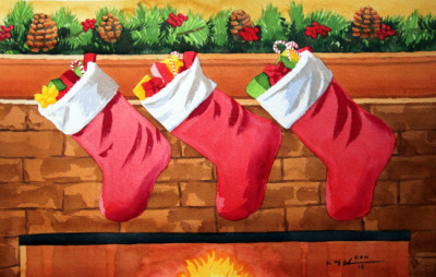 Christmas 3, Gift, Original Watercolor Painting, Signed, Art, 22x15 inches