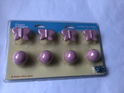 8pk Project Basics childrens cabinet dresser pull knobs pink Butterflies & Round