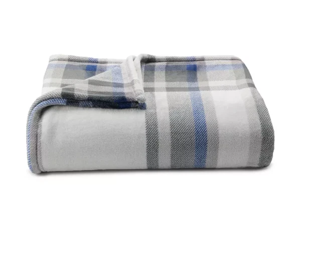 The Big One KING size super soft plush blanket gray navy plaid NEW